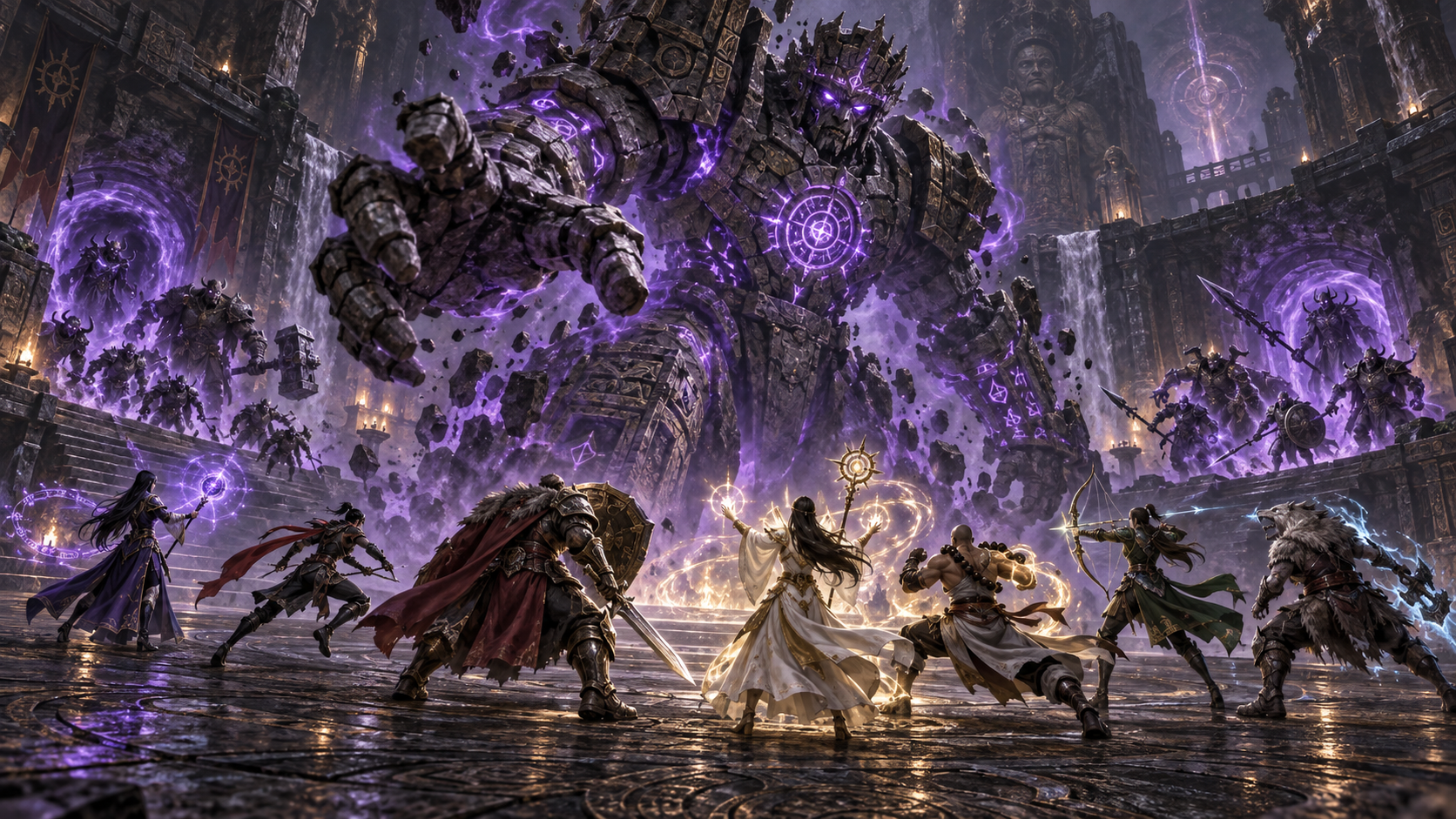 Seven heroes facing an intelligent multi-phase stone guardian
